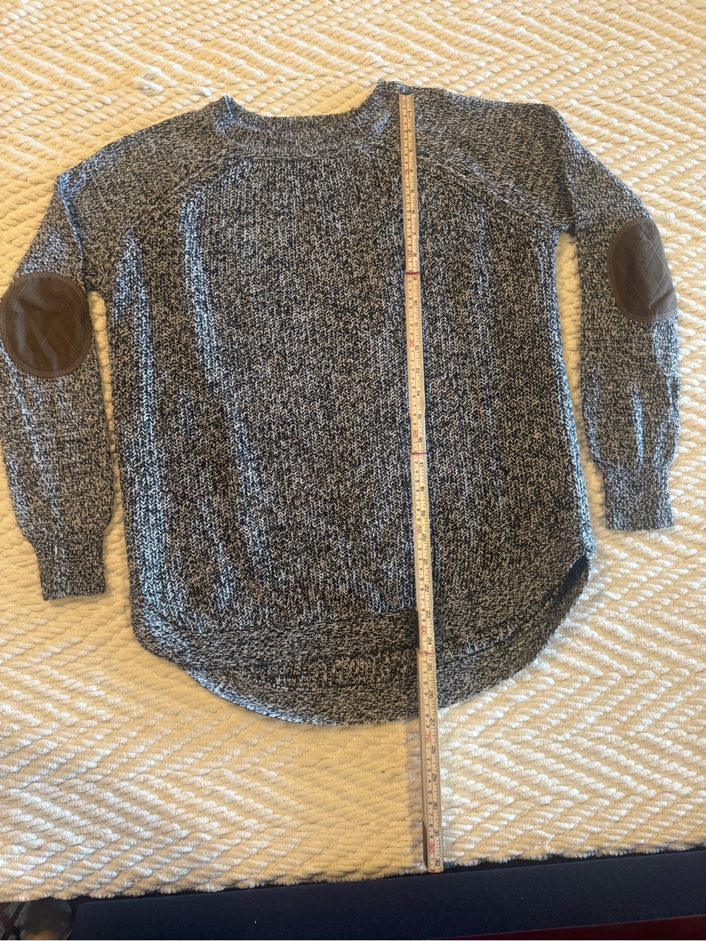 RD Style Gray Marled Crewneck Sweater with Brown Elbow Patches